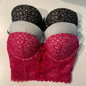 3 Lace Up Zip Back Bustier Corset Bras (Black, Pink, Blue)